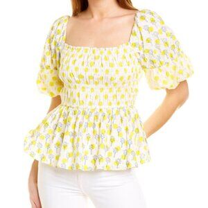 Ash & Eden Rucha Puff Sleeve Blouse In Yellow Patterned Size Small
